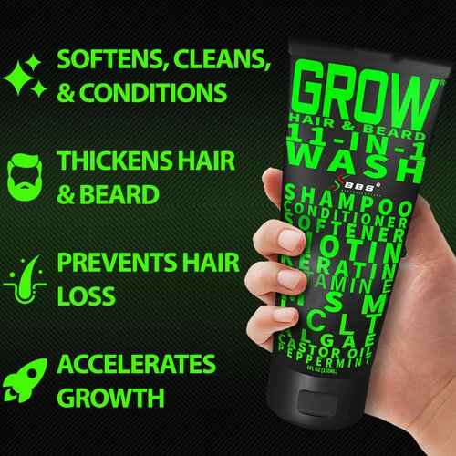 Beard Growth Kit w/ 2X Biotin Beard Balm for Men & Mustache Wax + GROW 11-in-1 Mens Shampoo & Conditioner (Hair Growth Shampoo for Men w/Biotin) + GROW Facial Hair Growth Oil (Made in America)