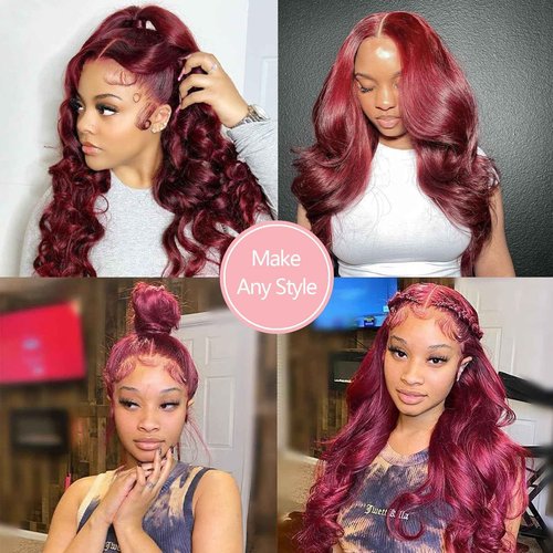 Ding Dian 28 Inch 99j Burgundy Lace Front Wigs Human Hair Red Wig Burgundy Human Hair Wig Glueless Lace Front Wigs for Women 13x4 Body Wave Lace Front Wigs Pre Plucked 180% Density