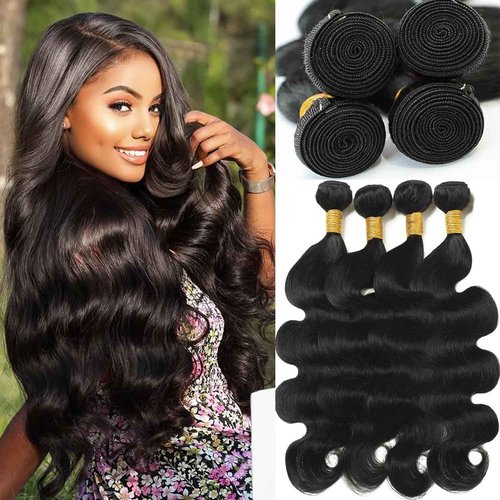 Body Wave Bundles Human Hair 18 20 22 24 Inch Human Hair Bundles 100% Unprocessed Brazilian Virgin Hair Quick Weave Deals Human Hair Extensions for Women Natural Black Color