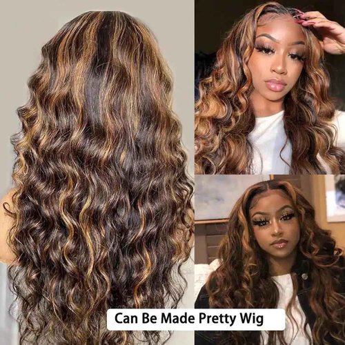 P4/27 Ombre Human Hair Bundles Loose Deep Wave Quick Weave Hair with Closure, 10A Brazilian Raw Deep Wave Human Hair Highlight Bundles with 4x4 Lace Closure(12 14 16+12inch, Honey Blonde Brown Color)