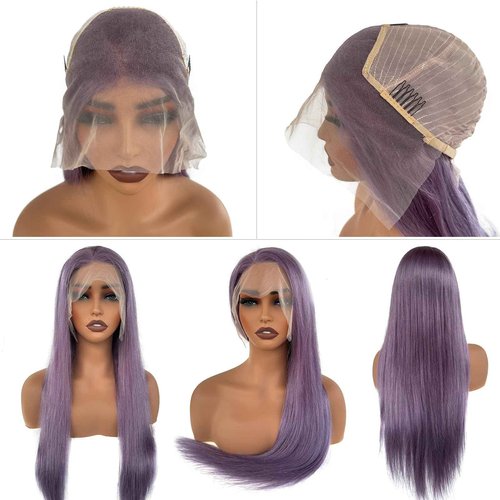 Dark Purple Lace Front Wigs Human Hair for Women,13x4 HD Transparent Deep Lilac Lace Frontal Straight Human Hair Glueless Wigs Pre Plucked with Baby Hair 150% Density 20 Inch