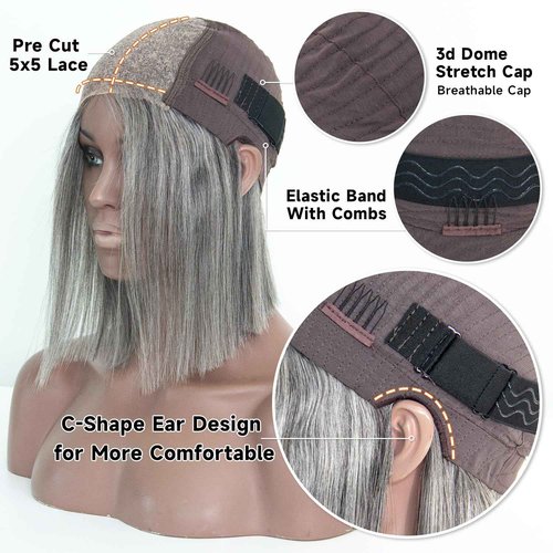 Topnormantic Salt and Pepper Wigs for Women, Wigs Human Hair Glueless Wear and Go Pre Plucked Pre Cut 5x5 Grey Bob Wigs Human Hair 210% Density 12A Brazilian Virgin Hair Lace Front Closure Wig 10 Inch