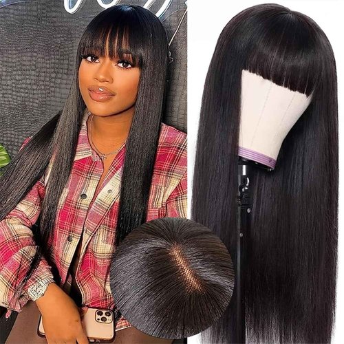 LOVFIR Straight Wig with Bangs Human Hair for Black Women Upgrade 2x1 HD Lace Glueless Wigs with Bangs Human Hair 150% Density Brazilian Virgin Hair 20 Inch