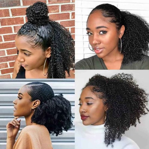 Humistwbiu Afro Kinky Curly Drawstring Ponytail 4C for Black Women Human Hair Drawstring Ponytail Extension Natural Black 24Inch
