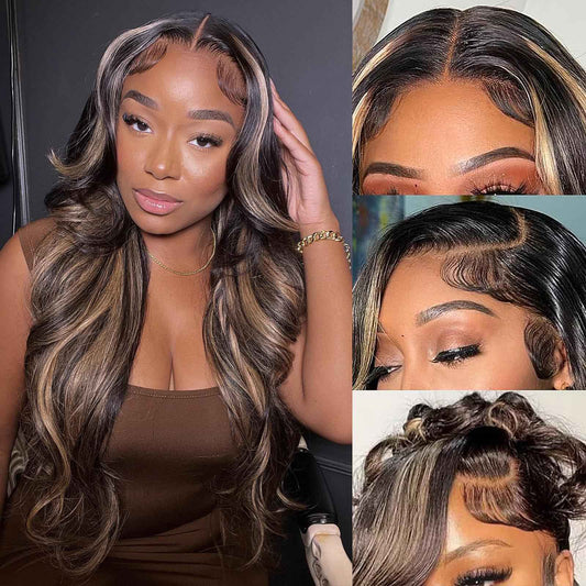 30 Inch 1B/27 13x6 Balayage Highlight Ombre Body Wave Lace Front Wigs Human Hair 200 Density Honey Blonde Colored Lace Frontal Glueless Wigs Human Hair Pre Plucked for Women with Baby Hair