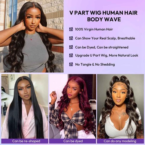 V Part Wig Human Hair Body Wave Upgrade U Part Wigs No Leave out No Glue No Sew-in Wear and Go Glueless 200% Density Clip in Half Wig For Black Women 20Inch
