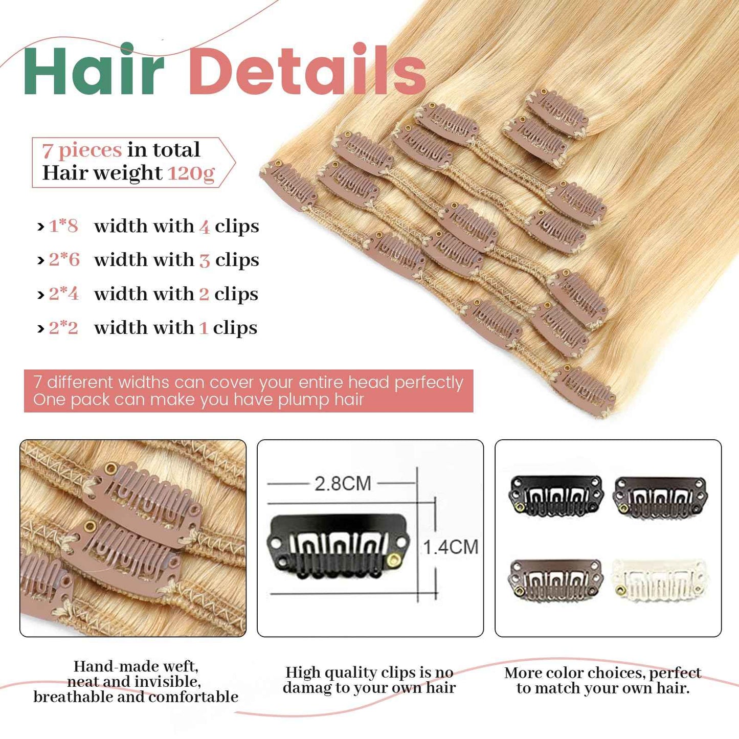 JESSBO Clip in Hair Extensions Real Human Hair 16 Inch 120g 7pcs Ash Blonde Highlighted Bleach Blonde Seamless Invisible Double Weft Natural Straight Hair Extensions for Woman (#P18/613)