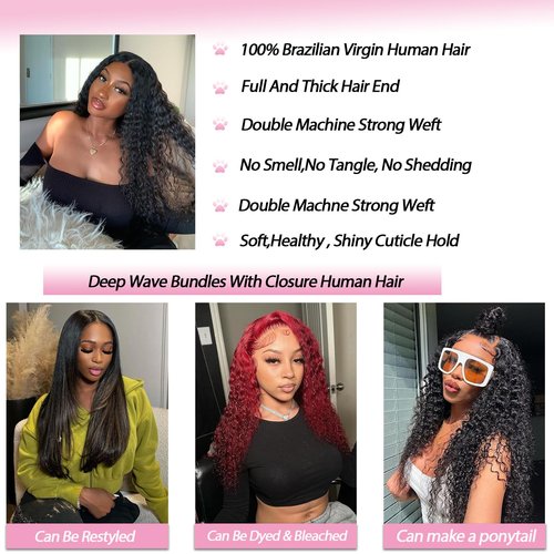 Deep Wave Human Hair Bundles with Closure Unprocessed Brazilian Deep Curly Human Hair Bundles with 4x4 Lace Closure Free Part 16 18 20 with16 Inch Natural Color