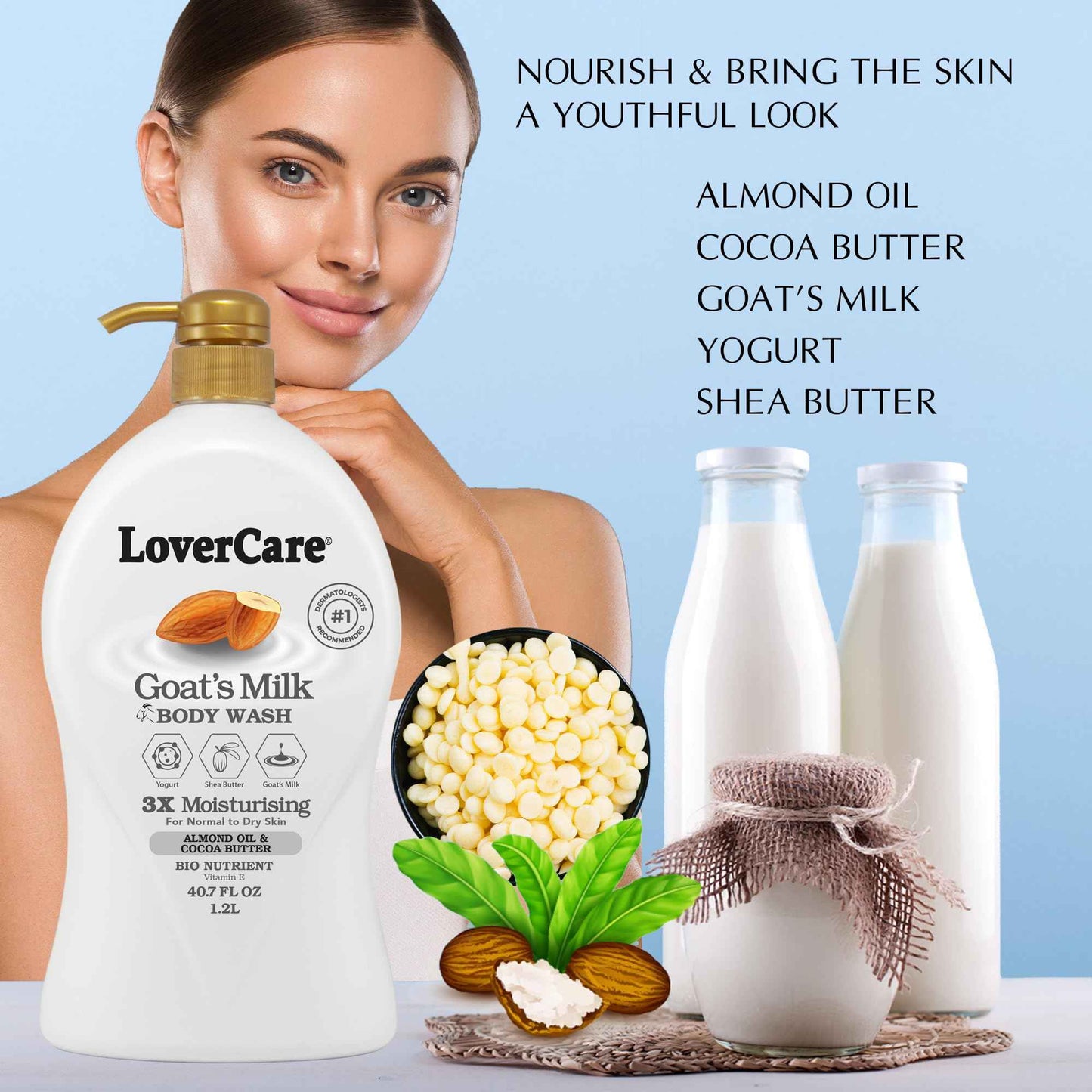 2-PACK LoverCare Goat's Milk Moisturizing Body Wash Shower Cream Almond Oil & Cocoa Butter 40.7 fl oz