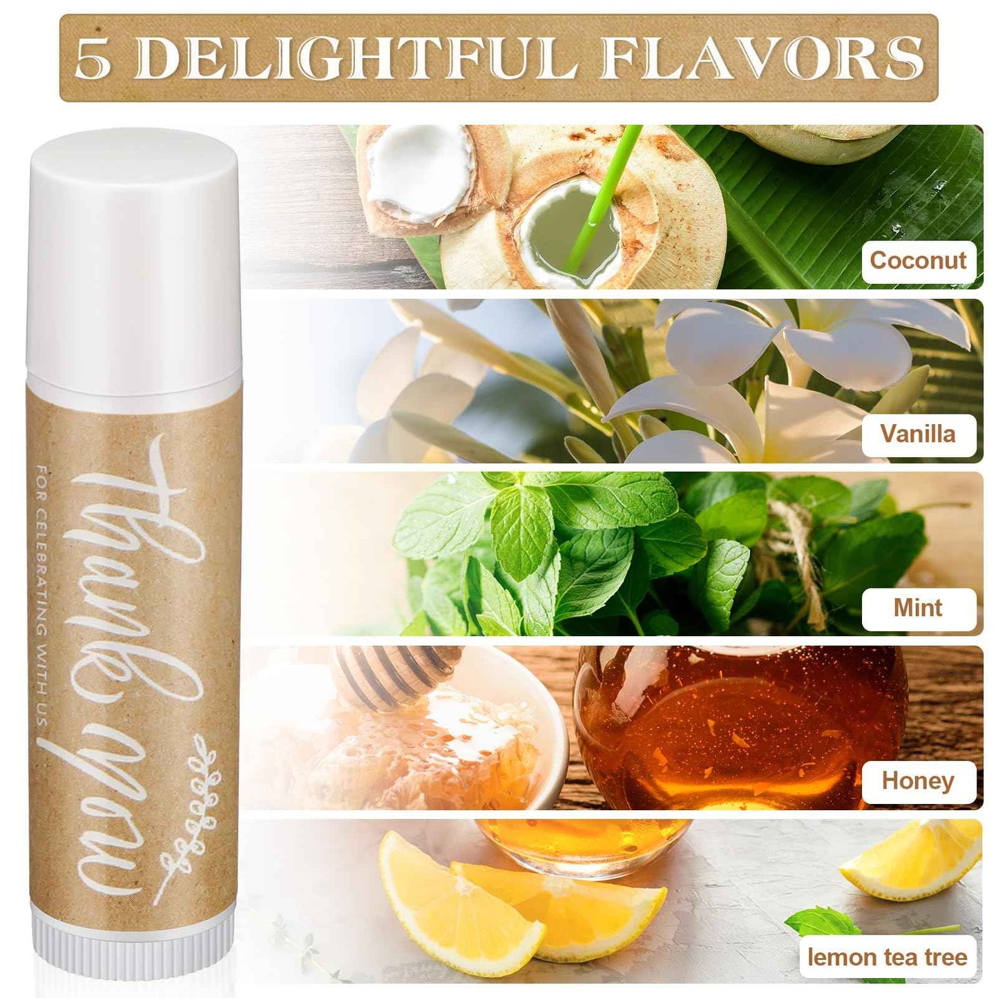 Leelosp Wedding Thank You Lip Balm Bulk Small Natural Moisturizing Mini Balm Lip Care Product Include Organza Bag and Appreciation Card for Women Baby Shower Favors, 5 Fragrance (100 Sets)