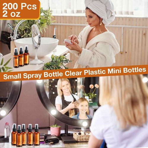 Zhehao 200 Pcs Small Spray Bottle Bulk 2 oz Plastic Mist Spray Bottles for Essential Oils Fine Mist Sprayer Reusable Refillable Portable Travel Containers for Perfume Cleaning Samples(Amber)