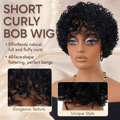 RUWISS Short Curly Human Hair Wig Kinky Curly Wigs for Black Women - Wear and Go Glueless Wigs Human Hair Bob Wig with bangs, FH-1535 Natural Black