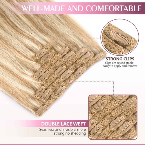 Fimislosion Real Hair Extensions Clip in Human Hair, Seamless Clip in Hair Extensions Real Human Hair, 16 Inch Clip ins extensions for women, Honey Blonde With Bleach Blonde 120G 7Pcs