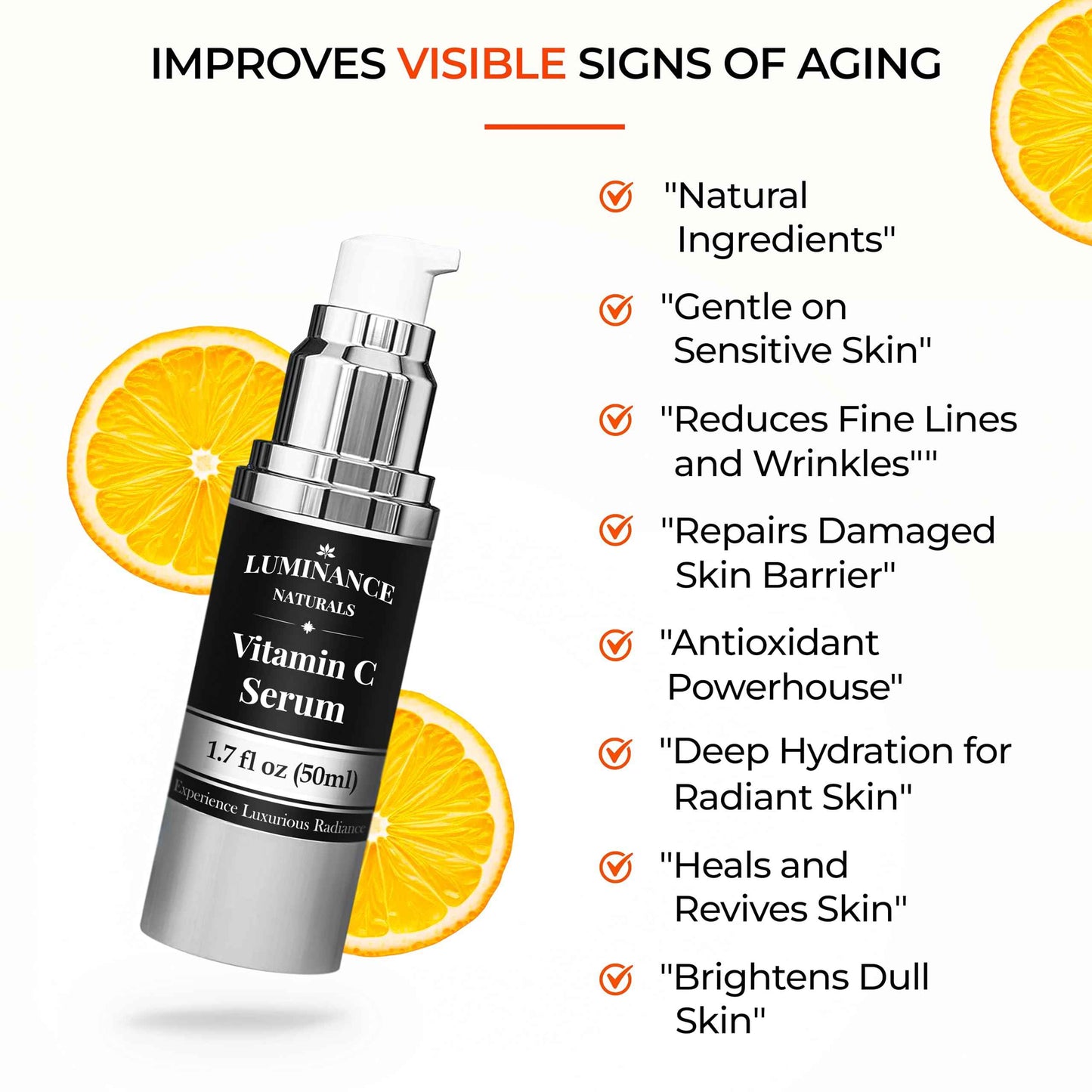 LUMINANCE NATURALS Vitamin C Serum for Mature Skin with Hyaluronic Acid, and Aloe Vera - Hydrating, Lifting, Face Wrinkle & Age Spot Reduction, Anti-Aging Skincare, (1.7 fl oz)