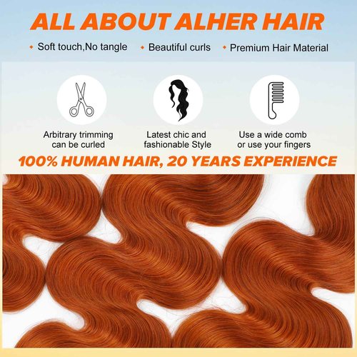 ALHER #350 Ginger Orange Bundles Human Hair Body Wave Sew In Weave Wavy Bundles for Black Women 12A 100% Unprocessed Virgin Remy Soft Thick Hair Copper Orange Color 22 Inch