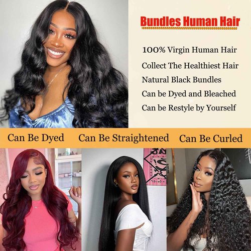 12A 16 18 20 22 Inch Human Hair Bundles Body Wave Bundles Human Hair Thick 4 Bundles 100% Unprocessed Virgin Human Hair Quick Weave Real Human Hair Extensions Natural Black for Women