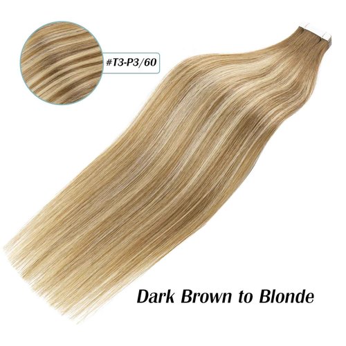 Sassina Tape in Extensions Human Hair Invisible Double Side Skin Weft Tape in Remy Hair Extensions Dark Brown to Blonde 18 Inch 50 Grams 20 Pcs #T3-P3-60