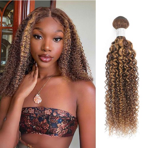 AUROO Honey Blonde Highlight Tight Kinky Curly Single Bundles Human Hair 22Inch, 100% Virgin Remy 12A Brazilian Curly Weave Bundles Human Hair Thick Track P4/27 Ombre Brown Colored Kinky Curly Bundles
