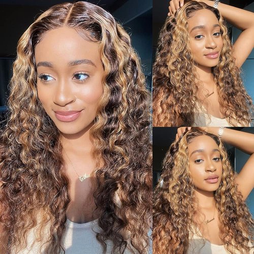 Jenniferita Ombre Honey Blonde Wear and Go Glueless Deep Curly Wave Lace Front Wigs Human Hair Highnight HD Lace Front Wigs Human Hair 4/27 Frontal Wigs Human Hair Curly Wigs 200% Density 16 Inch