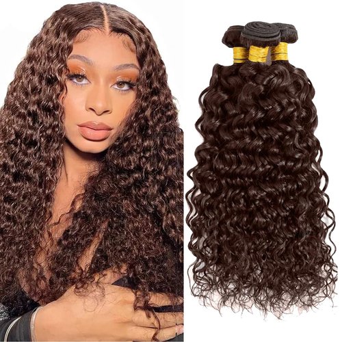 Fabimiya 16 18 20 Inch Human Hair Bundles Brown 4# Water Wave Bundles Human Hair Unprocessed Soft Sewn In Hair with Double Weft for Black Women