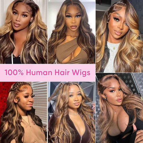 SFTNMEH Honey Blonde Ombre 13x6 Lace Front Wig Human Hair 210 Density Highlight Body Wave Lace Front Wigs Human Hair Pre Plucked Glueless Lace Frontal Wig for Women 4/27 Colored 22Inch