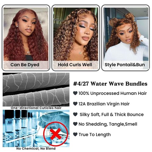 ALHER Honey Blonde Highlight Water Wave Bundles 26 Inch P4/27 Ombre Single Bundles Wet and Wavy Bundles Human Hair Highlight Brown Color 12A 100% Brazilian Virgin Remy Hair for Black Women Soft Thick