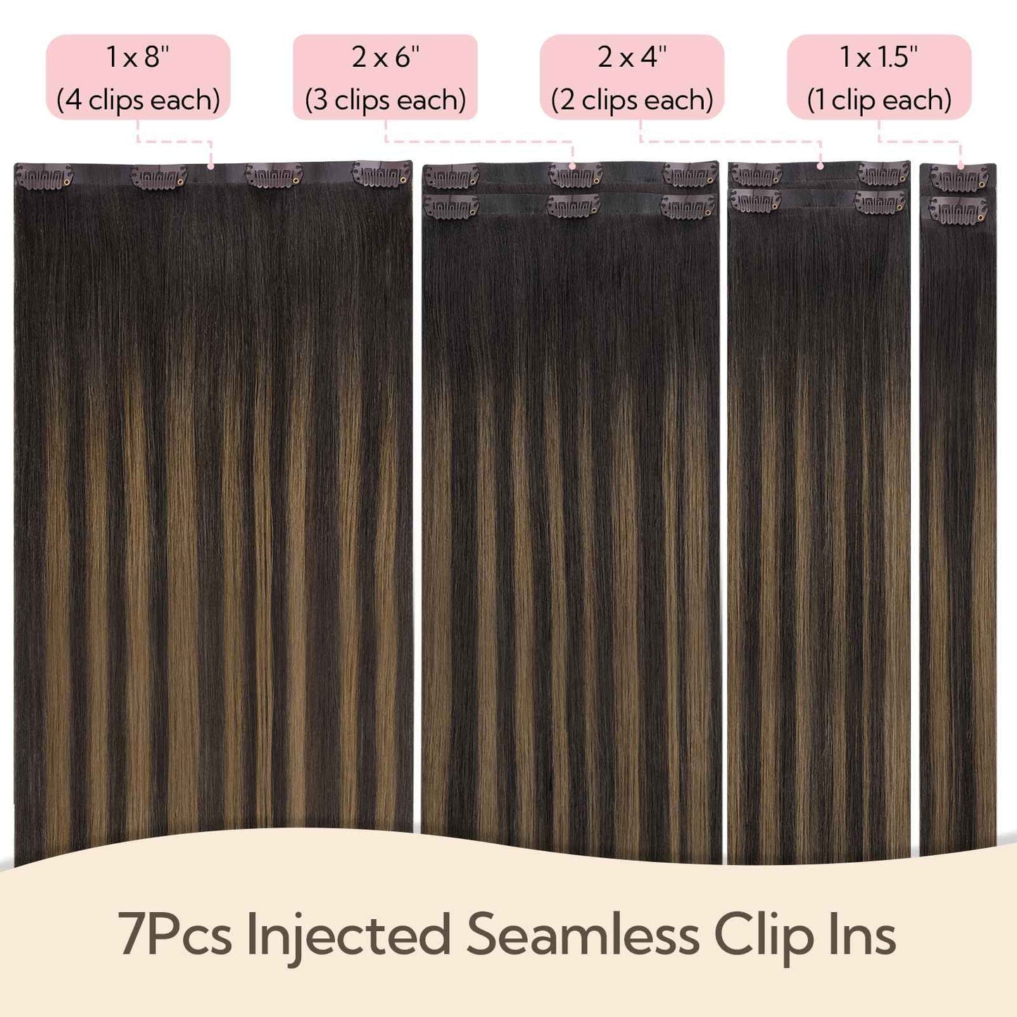 HOTBANANA Invisi Edge Clip in Hair Extensions, 14inch 120g Injected Seamless Clip in Extensions 7Pcs Balayage Dark Brown Mixed Chestnut Brown Real Human Hair PU Hair Extensions