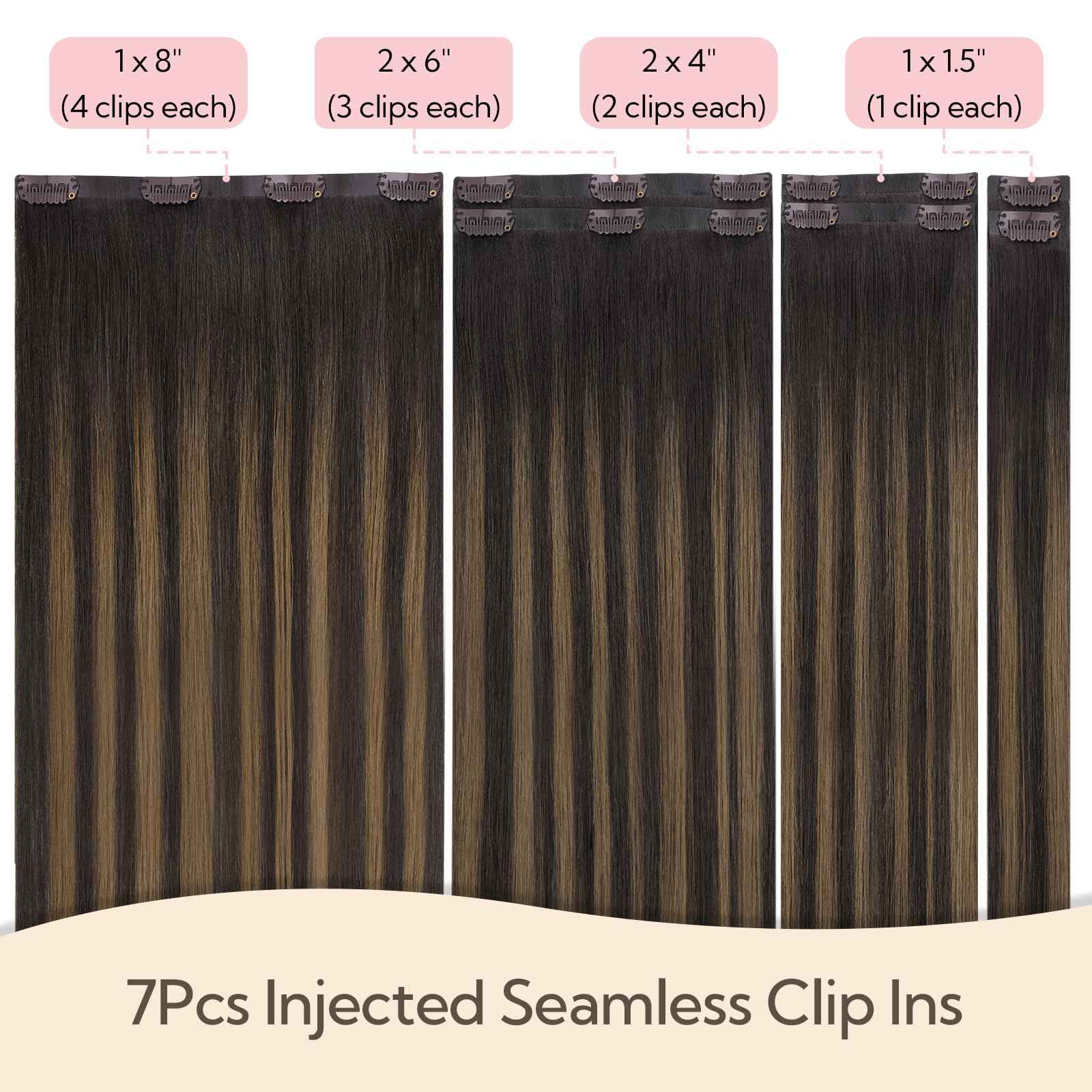 HOTBANANA Invisi Edge Clip in Hair Extensions, 14inch 120g Injected Seamless Clip in Extensions 7Pcs Balayage Dark Brown Mixed Chestnut Brown Real Human Hair PU Hair Extensions