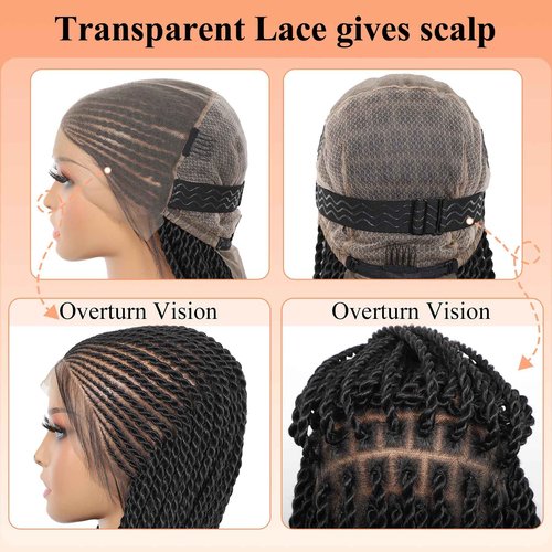 Brinbea 13X8'' HD Lace Cornrow Braided Wigs for Black Women Cornrow Twisted Braid Wig with Baby Hair Unique Look Premium Synthetic Braided Lace Front Wigs Black Braided Wigs 36 Inches