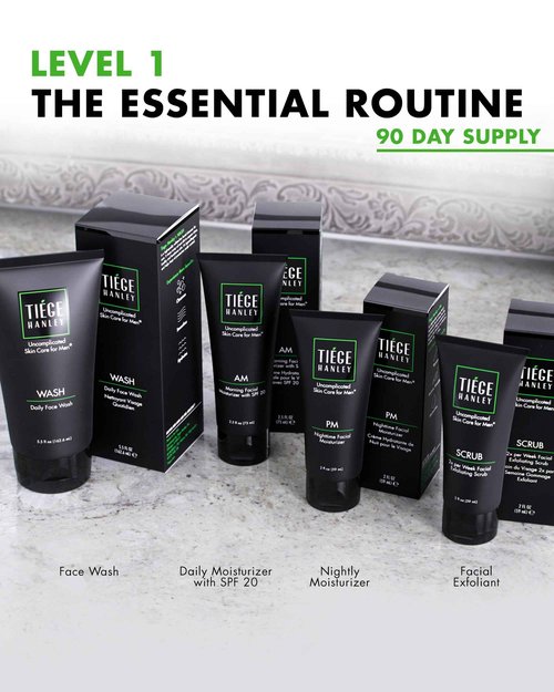 Tiege Hanley 90 Day Large Skin Care Set for Men, Essential Routine, System Level 1, Daily Face Wash, Facial Scrub, Moisturizer With SPF, and Night Cream for Healthy Skin, Men’s Skin Care, 4 Piece Kit