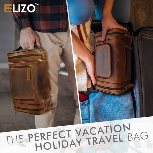 ELIZO Genuine Leather Toiletry Bag for Men Mens Toiletry Bags for Traveling Waterproof Hanging Leather Dopp Kit w/Hook Extra largeToiletry Bag Travel Organizer for Toiletries