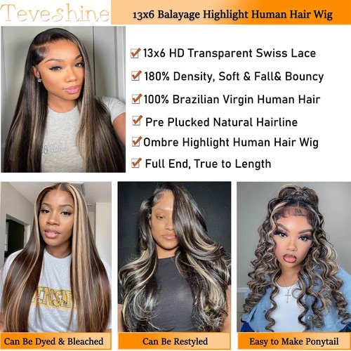 Teveshine 22inch Balayage Wig Human Hair 13x6 Ombre Lace Front Wig Pre Plucked With Baby Hair 180 Density FB27 Colored HD Glueless Balayage Wig Human Hair