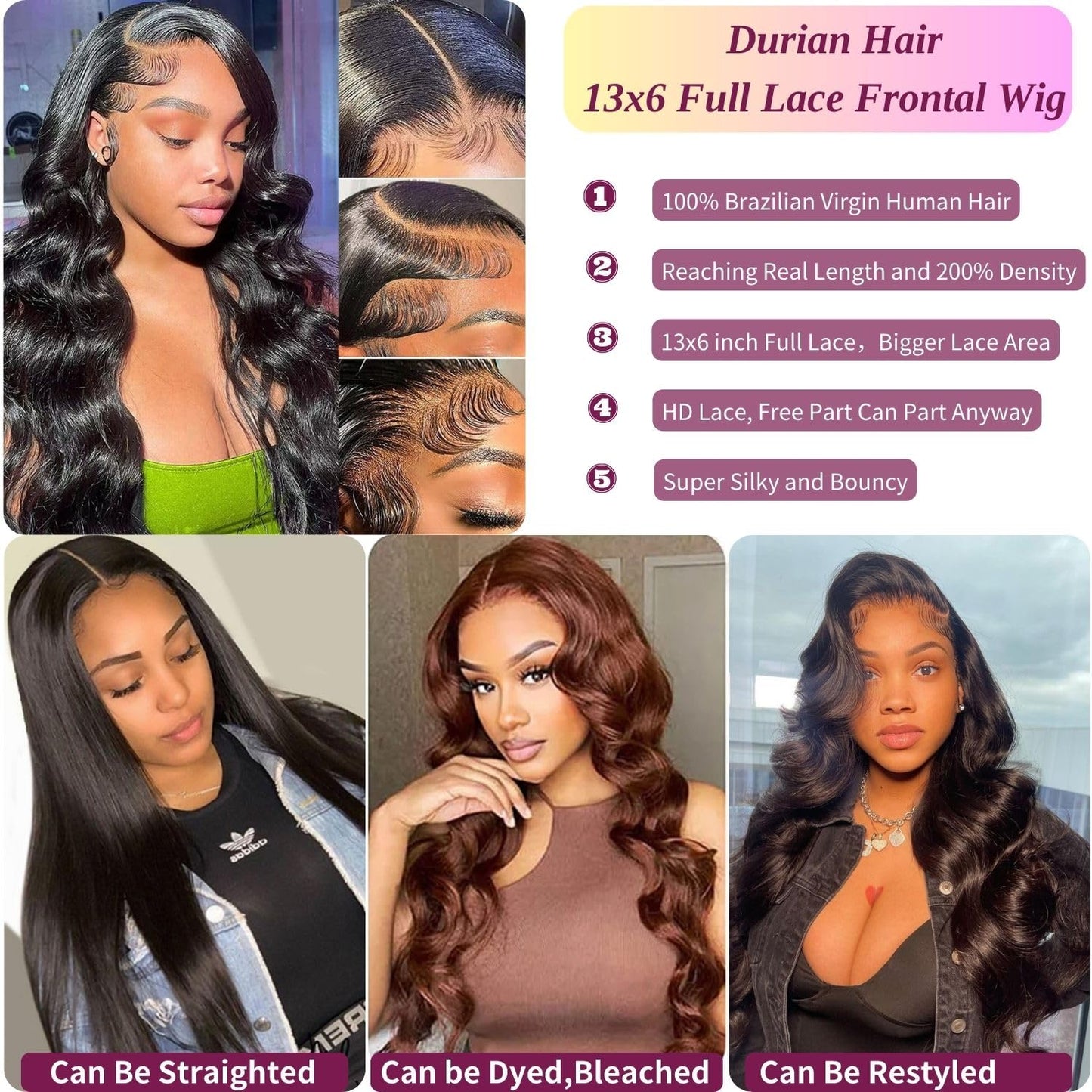 13x6 Body Lace Front Wigs Human Hair 200% Density HD Transparent Lace 100% Real Human Hair Body Wave Frontal Wig Pre Plucked Glueless Wigs with Baby Hair for Women 20 Inch Body Wave Wig Natural Color