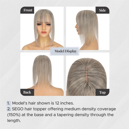 SEGOHAIR Hair Topper for Thinning Hair, Human Hair, 4 Clips, Silk Base 3.94x4.72, 6 Inches, Light Salt and Pepper Color, Style without Front Bangs, Achieve a Fuller, More Youthful Appearance