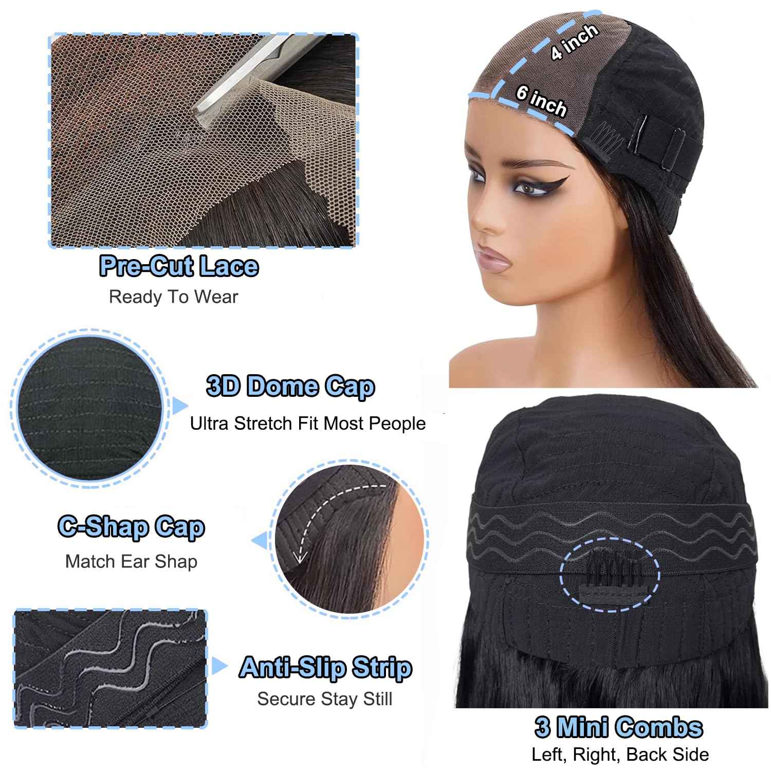 210% Density 6x4 Wear and Go Wig, 100% Human Hair, [2-year life], Body Wave Glueless Closure Wigs Human Hair Pre Plucked Pre Cut Middle Part, 24 Inch