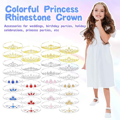 Jexine 32 Pieces Girls Princess Crown Girls Tiara Colorful Crystal Rhinestone Headpiece Glitter Crown Headband Princess Hair Accessories for Wedding Prom Costume Birthday Party
