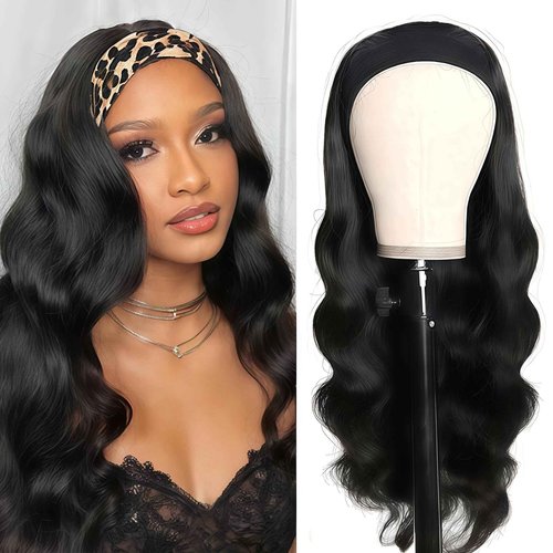 Justres Body Wave Headband Wigs Human Hair for Black Women 18 Inch None Lace Front Head bandWigs 180% Density Glueless Wear and Go Wig Machine Made Headband Wigs Natural Black Color
