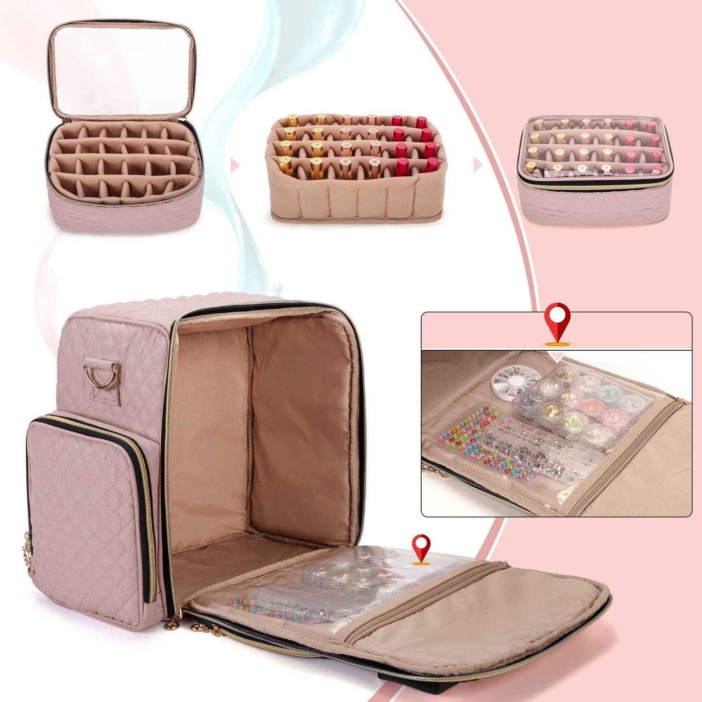 LUXJA Nail Polish Organizer Holds 72 Bottles, Nail Polish Case with 3 Removable Bags and Tools Storage Pockets (Patent Pending), Pale Rose