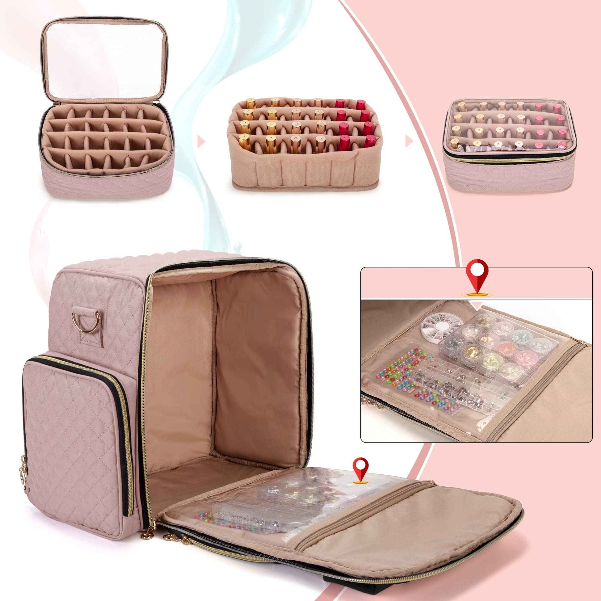 LUXJA Nail Polish Organizer Holds 72 Bottles, Nail Polish Case with 3 Removable Bags and Tools Storage Pockets (Patent Pending), Pale Rose