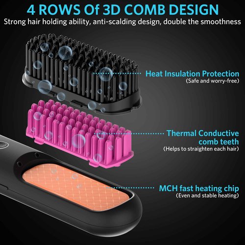 UPoetry Cordless Hair Straightener Brush – Portable Ionic Hot Comb with 65W Fast Charger, Mini Travel Hair Straightening Brush for Women, Lightweight for On-The-Go Styling (Black)