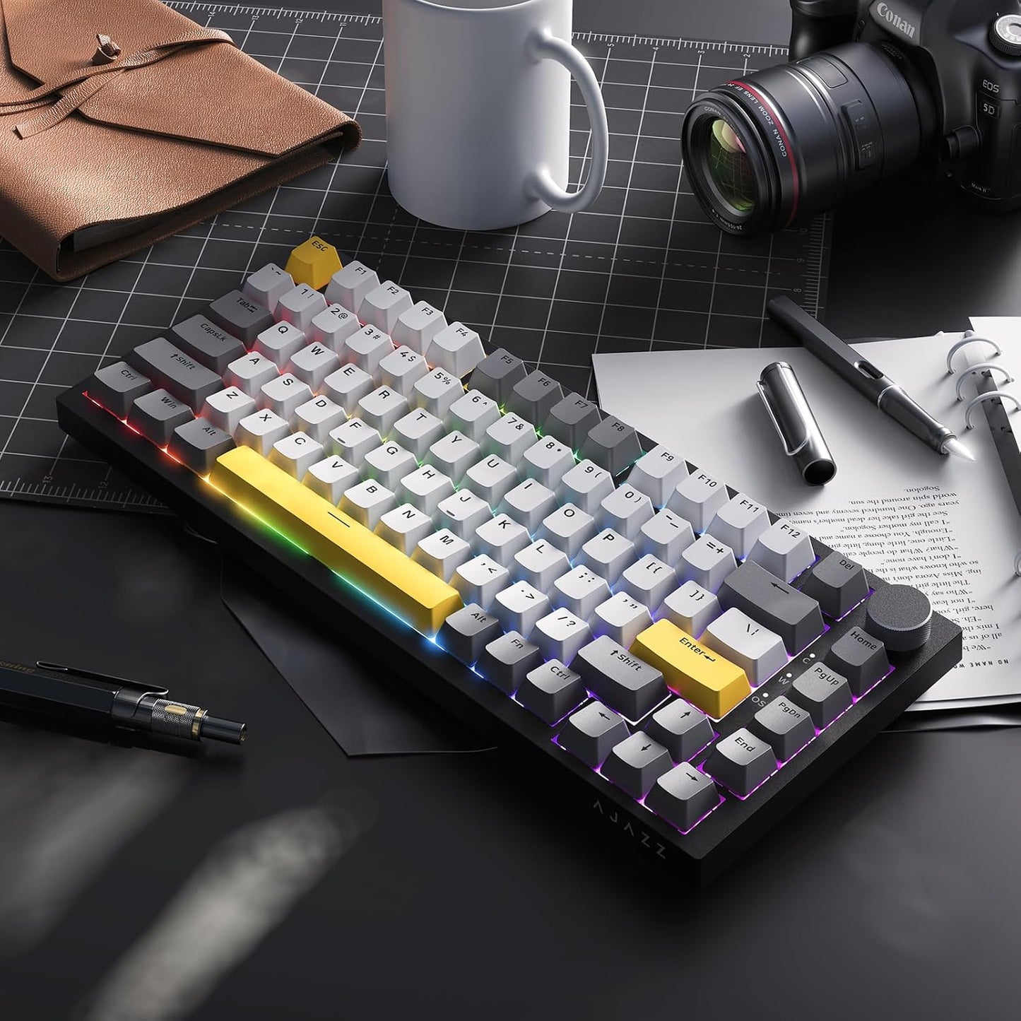 AJAZZ AK820 75% Wired RGB Gasket Mechanical Keyboard with Volume Knob, South Facing LED, Poron Foam, PBT Keycaps, Custom Programmable Hot-Swap Keyboard