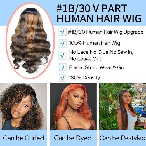 XSSXAKO V Part Wig Human Hair Body Wave Wig Upgradae Wigs Human Hair V Part Half Wigs for Black Women No Glueless No Leave Out Beginner Friendly 180% Density #1B/30 (20inch)