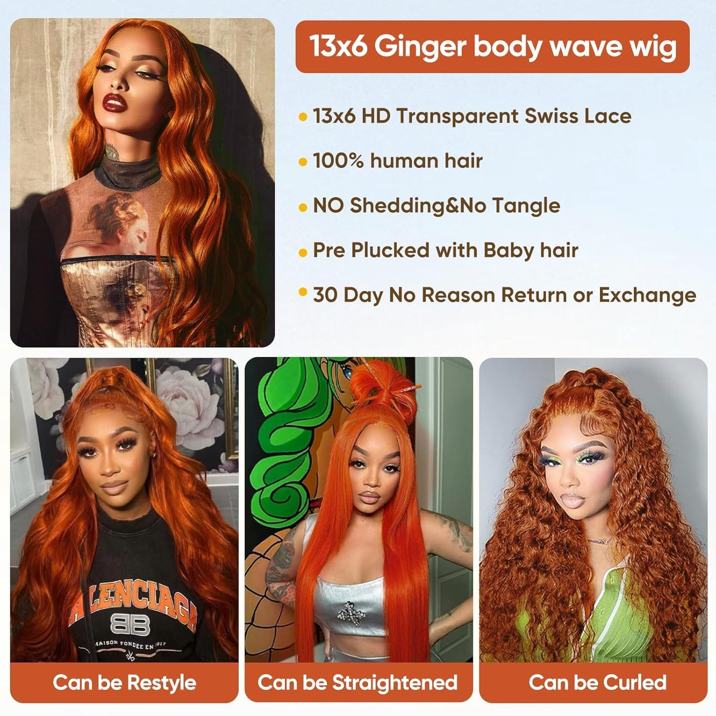 Ginger Lace Front Wigs Pre-Plucked with Baby Hair, 13x6 HD Body Wave Lace Frontal Wig, 180% Density Colored Glueless Orange Ginger Wig, 26 inch