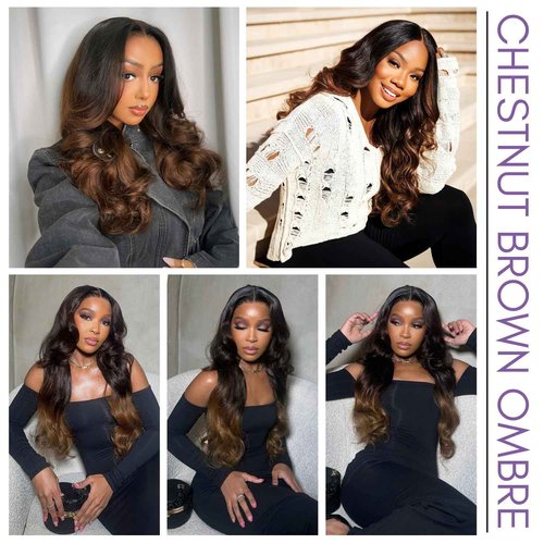 AUROO 3 Tone Chestnut Brown Ombre 3 Body Wave Bundles with Closure Human Hair, 12A Virgin Remy Hair Bundle T1B/2/30 Medium Brown/Auburn Colored 3 Bundles with 5x5 HD Lace Closure Free Part 10 12 14+10
