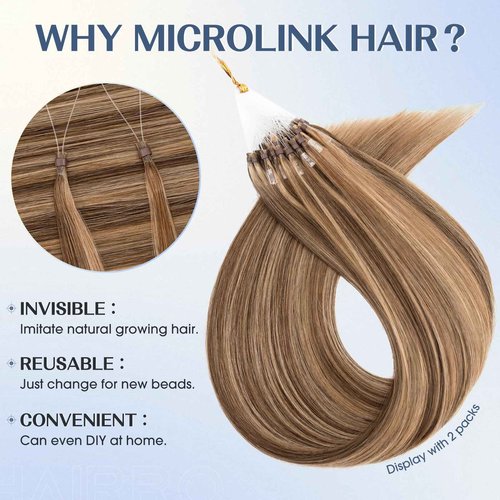Hairro Microlinks Hair Extensions Highlighted Balayage Micro Bead Ring Loop Tipped Hair Seamless Straight Real Human Hair For Women 24 Inch 50g 50 Strands #4P27 Medium Brown mix Dark Blonde