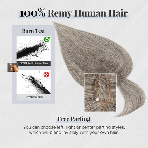SEGOHAIR Hair Topper for Thinning Hair, Human Hair, 4 Clips, Silk Base 3.94x4.72, 6 Inches, Light Salt and Pepper Color, Style without Front Bangs, Achieve a Fuller, More Youthful Appearance