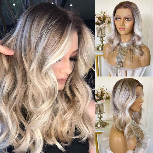 CIMITIKI Short Ash Blonde Wigs Highlight Platinum Color Ombre Silver Hair Bob Style 13x4 Lace Front Wig 14Inch Pre Plucked for Women Girls