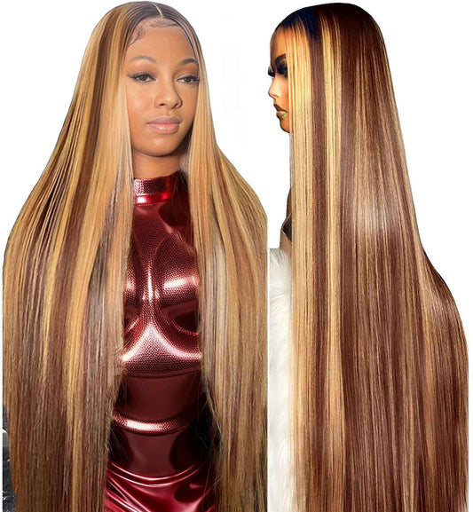 30 Inch Highlight Ombre Lace Front Wig - Human Hair, 180% Density, 13x4 Hd Transparent Lace, Honey Blonde, Straight