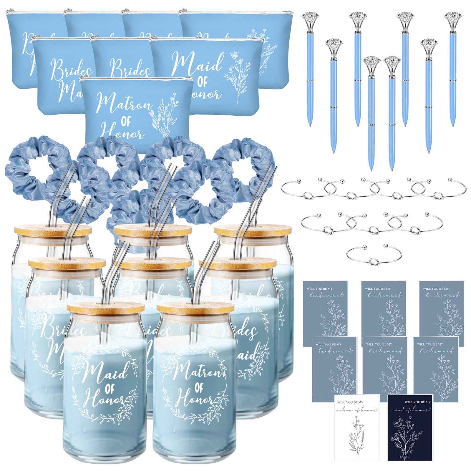 Irenare 48 Pcs 8 Set Bridesmaid Proposal Gifts Maid of Honor Gifts Bridal Shower 16oz Glass Cups Cosmetic Makeup Bags Invited Cards Scrunchies Hair Knotted Bracelets Diamond Pens(Blue)