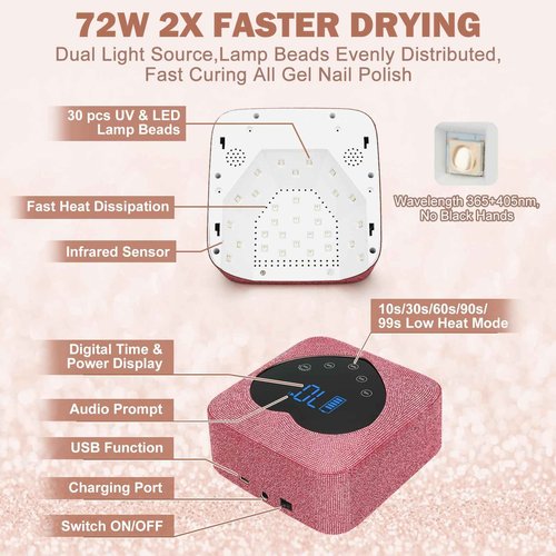 UV LED Nail Lamp Rechargeable 72W Cordless Portable UV Light for Gel Nails Polish,Rhinestones Nail Dryer Light with Glove,Auto Sensor,5 Timer,30 Beads,Fast Curing Gel X Polish Lamp for Home Salon
